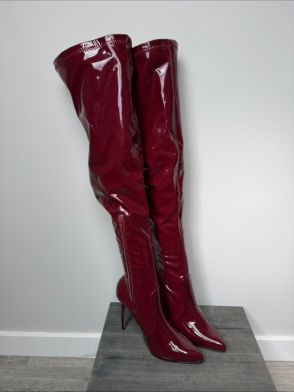 Shoe Dazzle Patent Over-The-Knee Stiletto Boots in Burgundy